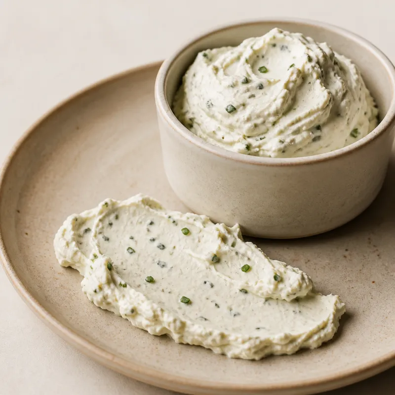 Garlic-and-herb Boursin cream in a ramekin with a herb-flecked smear on the plate
