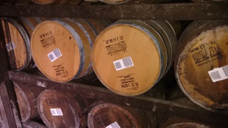 Buffalo Trace Distillery Kentucky bourbon whiskey barrels aging in a rickhouse