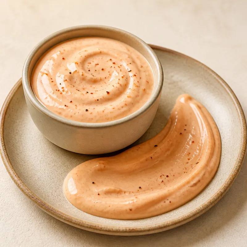 Creamy peach-pink Comeback sauce in a ramekin with a swirl on the plate