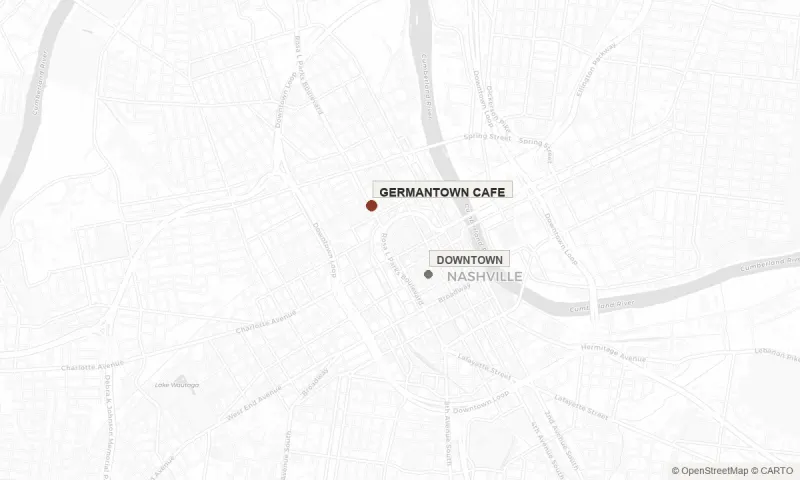Map showing Germantown Cafe just north of downtown Nashville at 5th and Madison