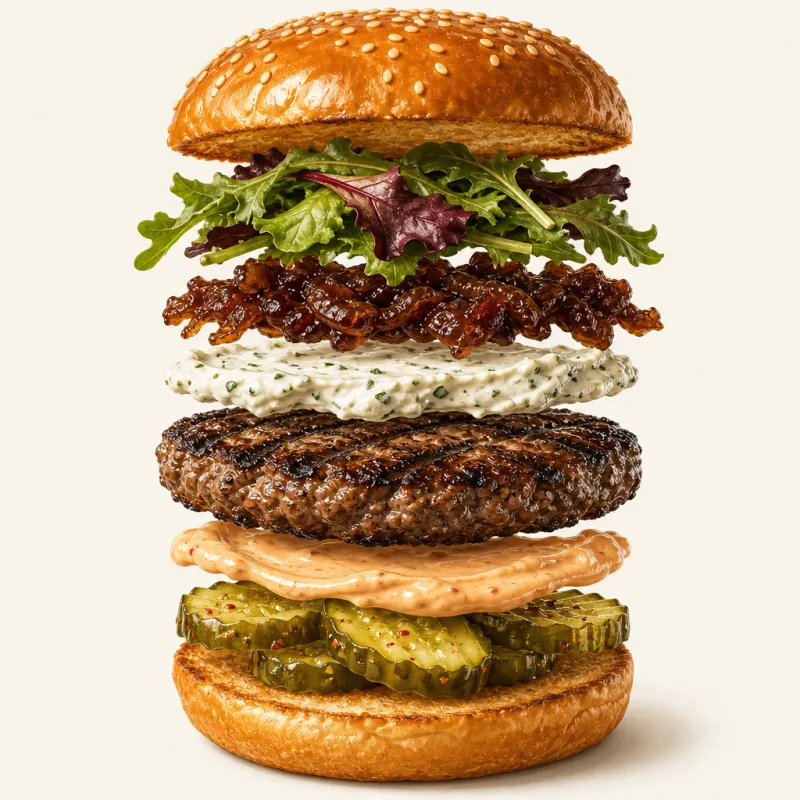 Exploded-view illustration of the GTC Burger layers: brioche, greens, onion bacon jam, Boursin cream, beef, Comeback sauce, and house pickles